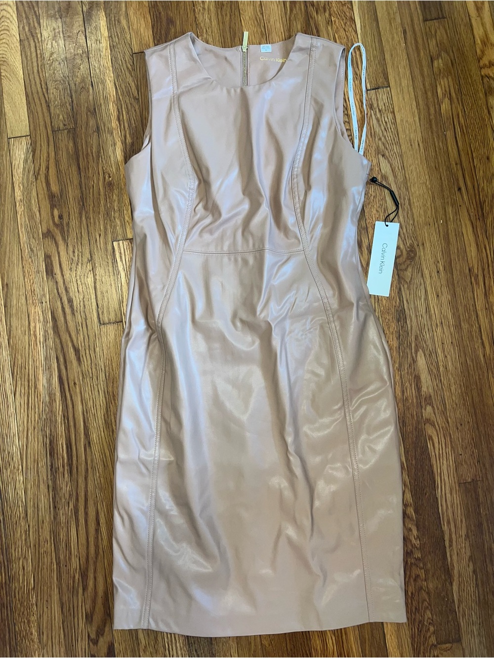 NWT- Calvin Klein Blush Faux Leather Midi Sheath Dress Size 10